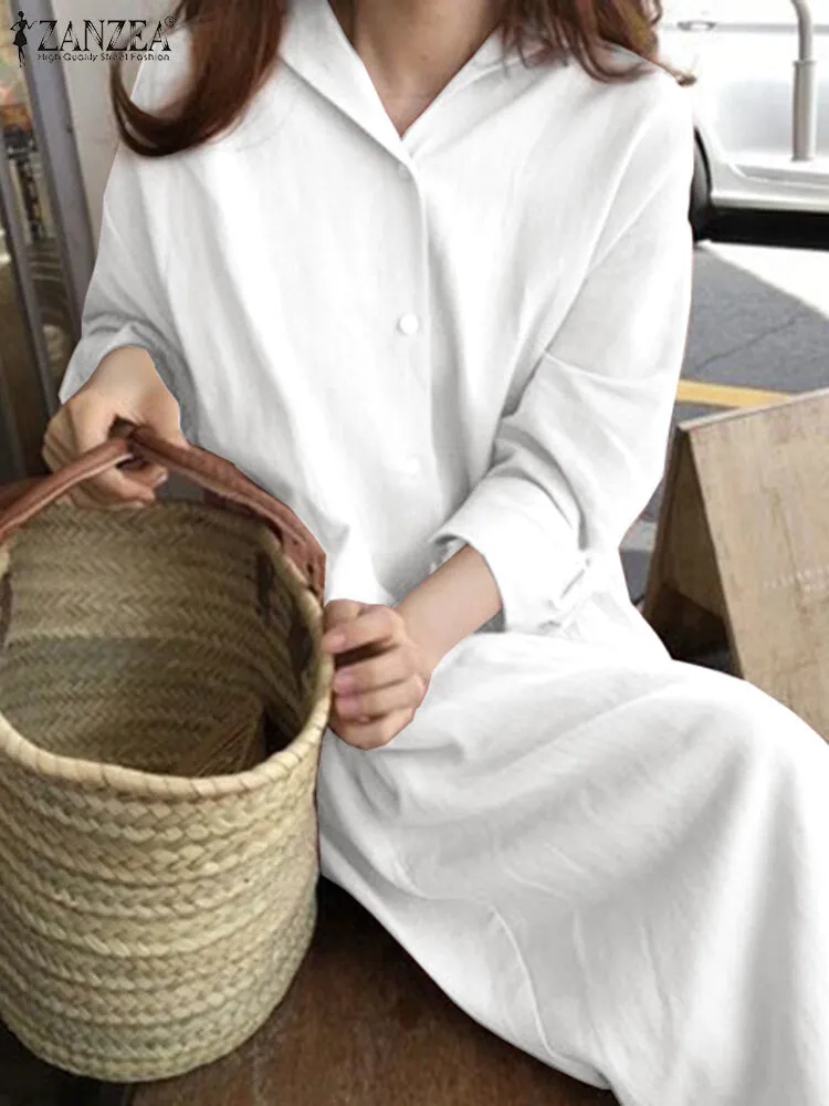 Solid Color Long Sleeve Lapel Loose Maxi Shirt Dress
