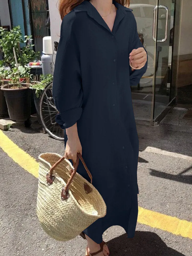 Solid Color Long Sleeve Lapel Loose Maxi Shirt Dress