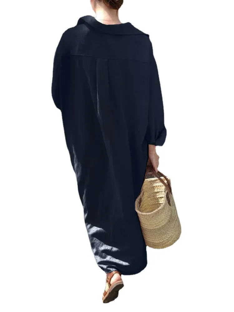 Solid Color Long Sleeve Lapel Loose Maxi Shirt Dress