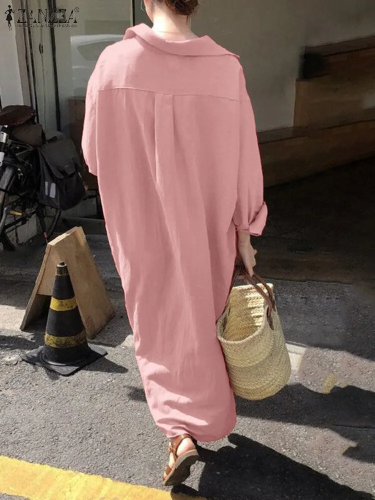 Solid Color Long Sleeve Lapel Loose Maxi Shirt Dress