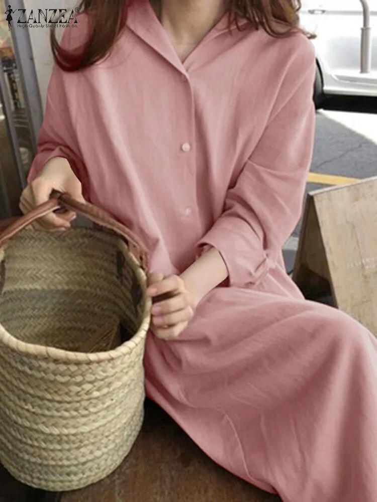 Solid Color Long Sleeve Lapel Loose Maxi Shirt Dress
