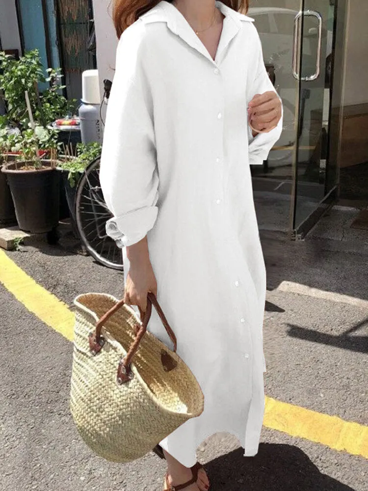 Solid Color Long Sleeve Lapel Loose Maxi Shirt Dress