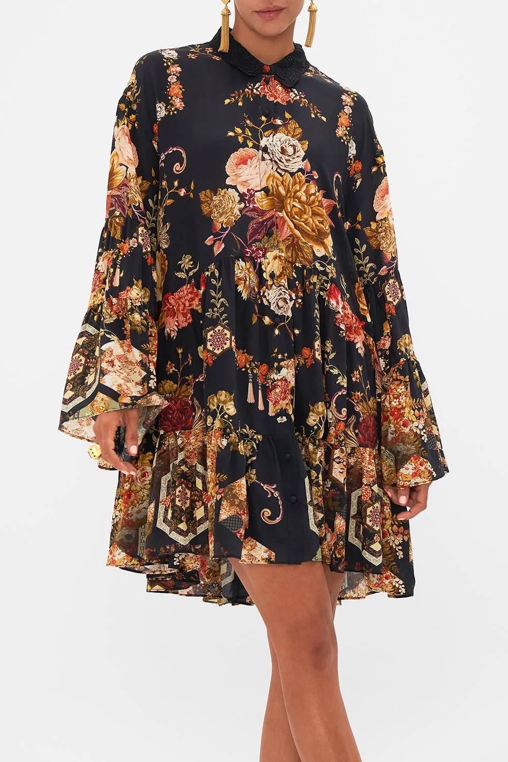 TIERED DRESS WITH EMBROIDERED COLLAR STITCHED IN TIME