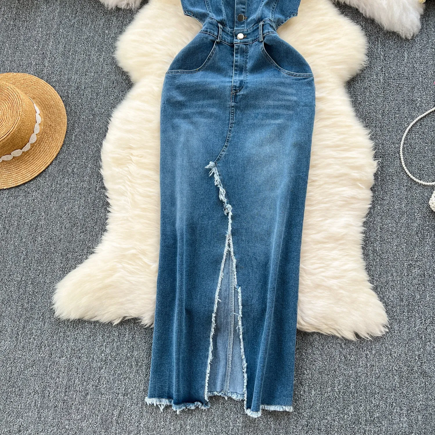 Vintage Denim Split Slip Dress
