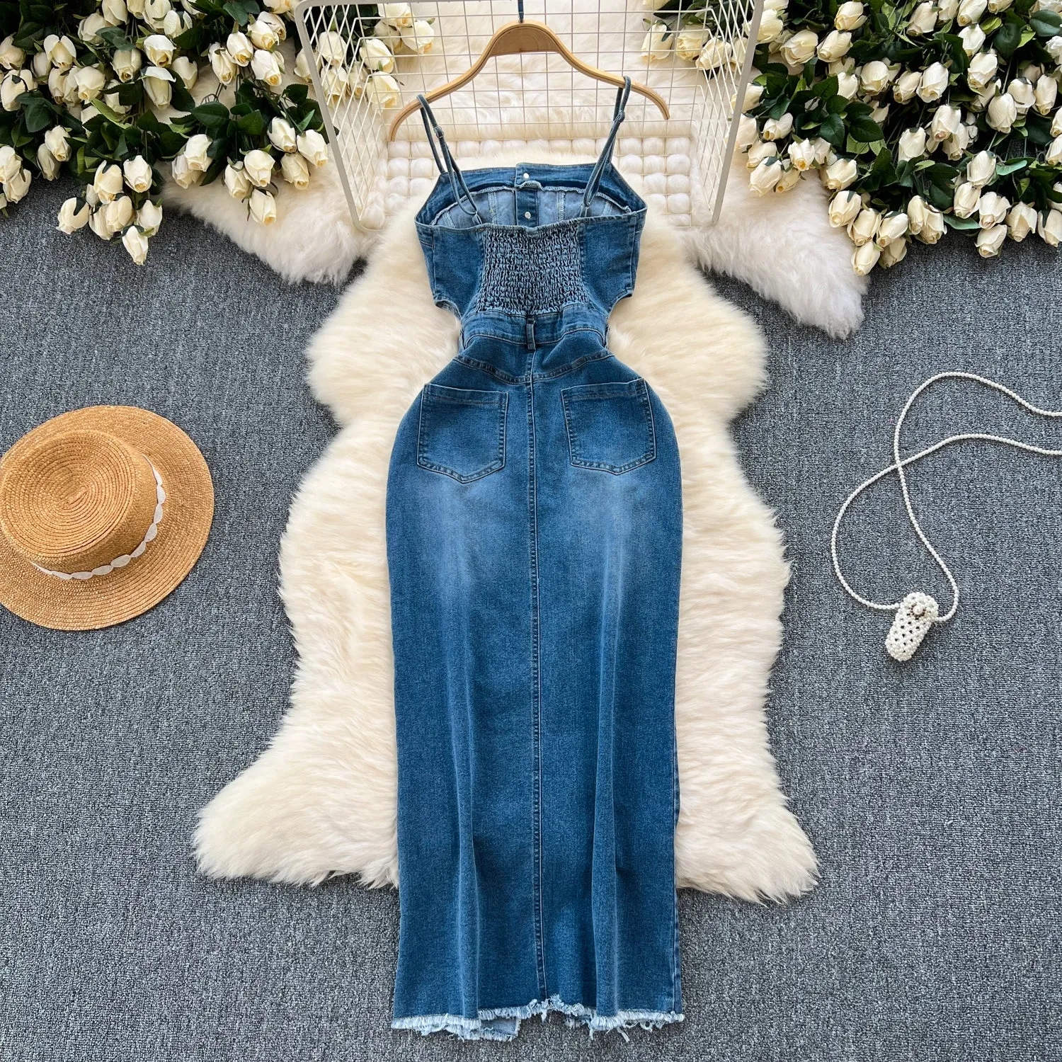 Vintage Denim Split Slip Dress