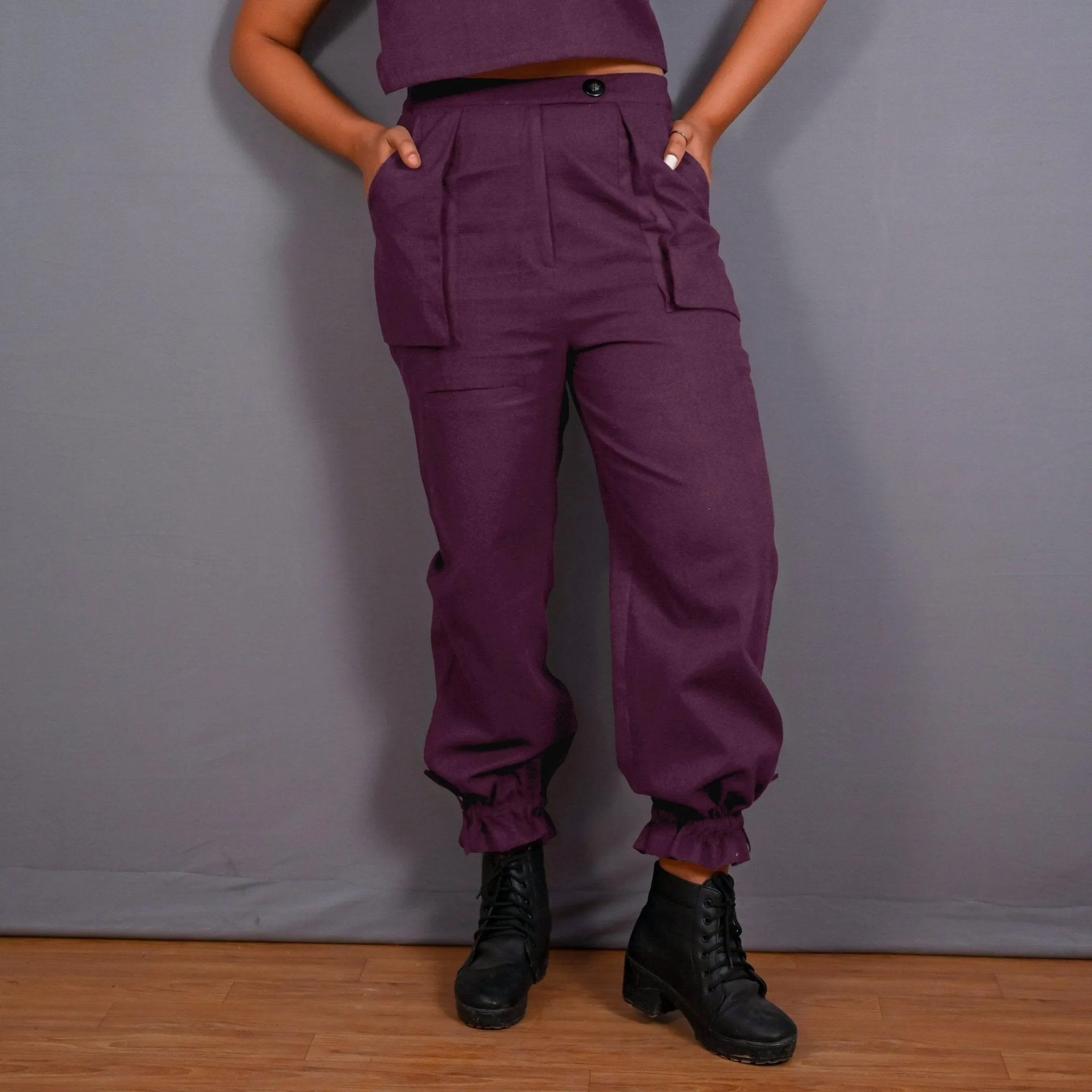 Wine Warm Cotton Flannel High-Rise  Convertible Jogger Cargo Pant