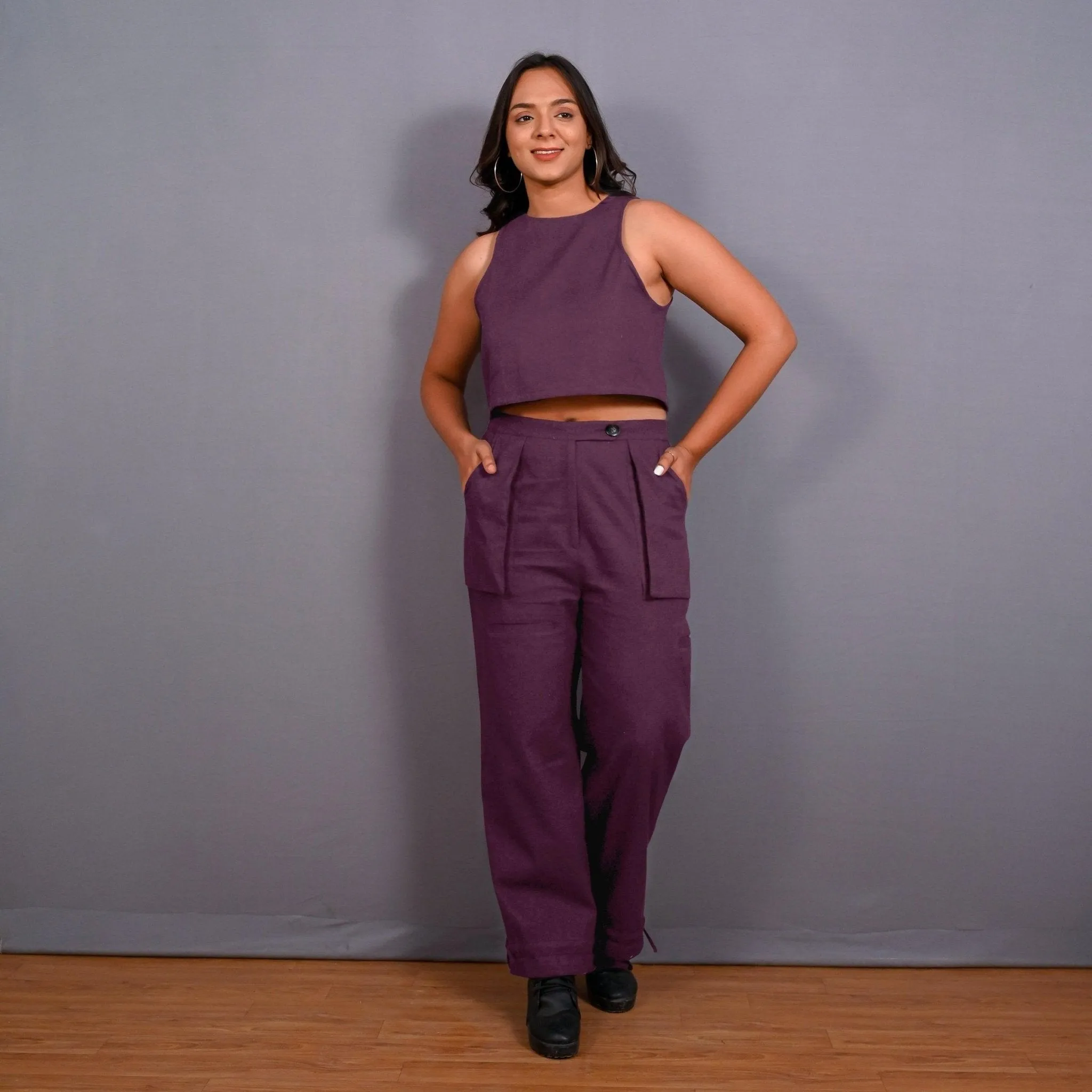 Wine Warm Cotton Flannel High-Rise  Convertible Jogger Cargo Pant