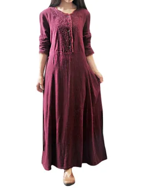 Women Long Sleeve Solid Color Embroidery Pattern Vintage Ankle Length Midi Dresses