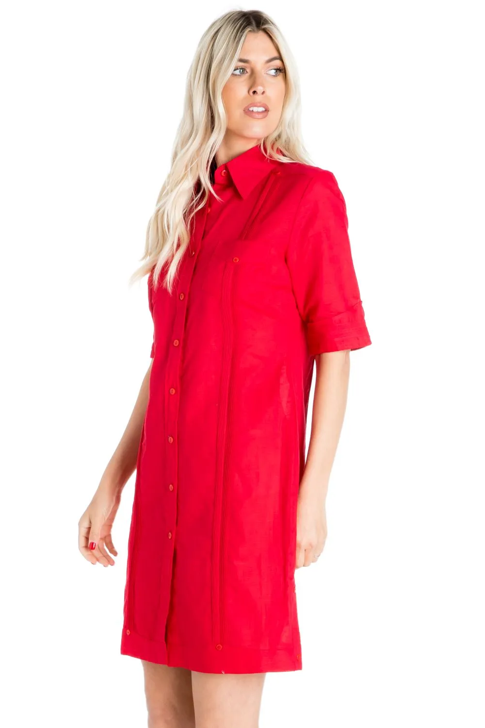 Women's Guayabera Dress Classic Linen Blend Short Sleeve Button Down