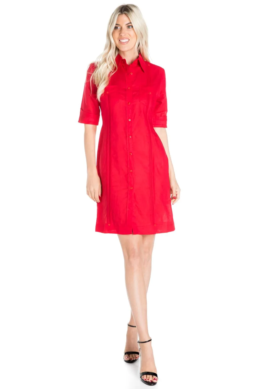 Women's Guayabera Dress Classic Linen Blend Short Sleeve Button Down