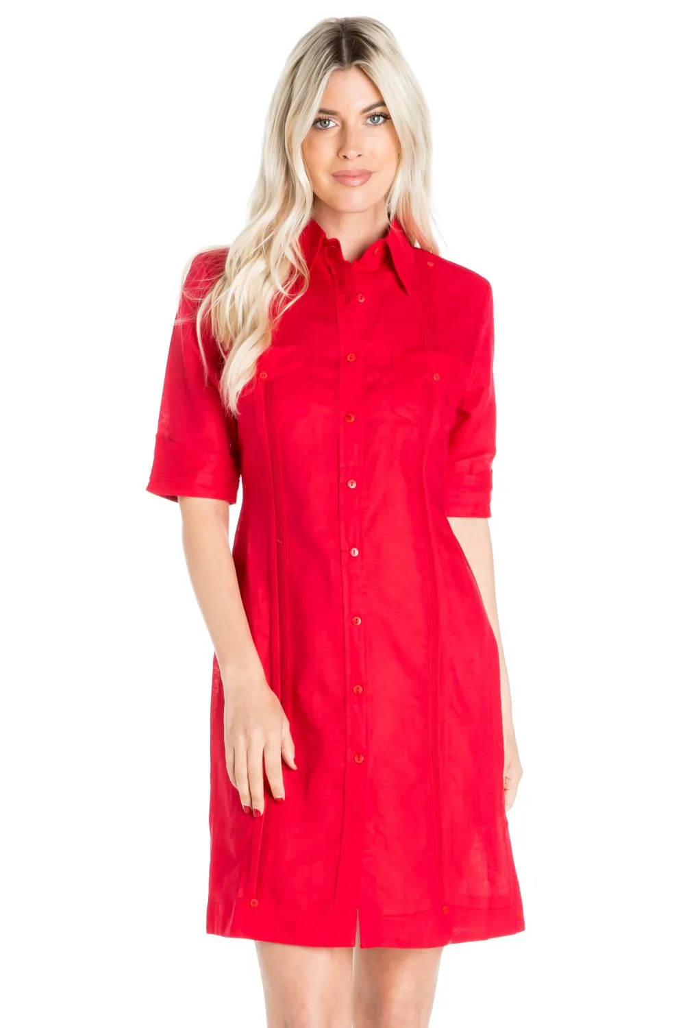 Women's Guayabera Dress Classic Linen Blend Short Sleeve Button Down