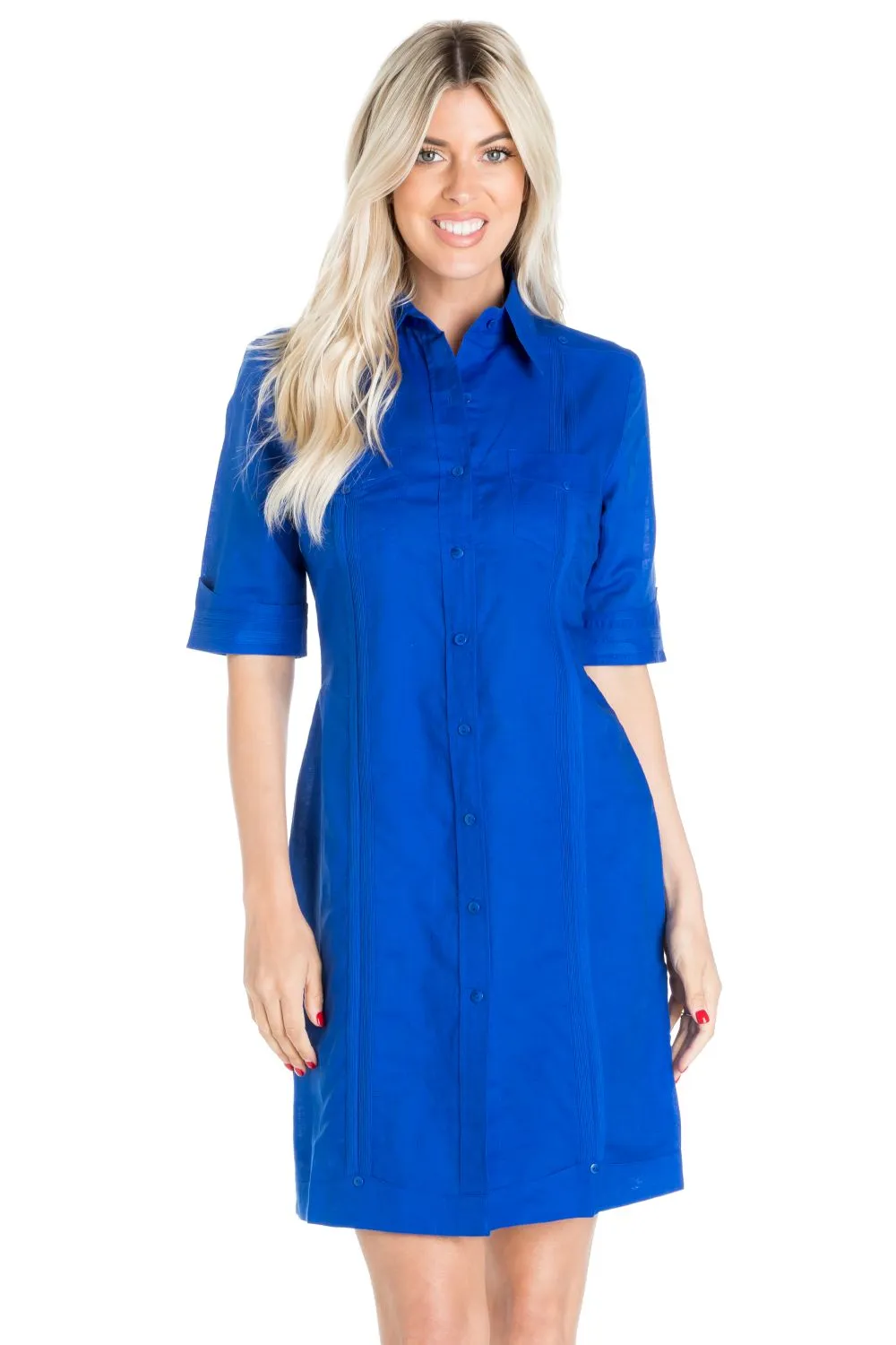 Women's Guayabera Dress Classic Linen Blend Short Sleeve Button Down