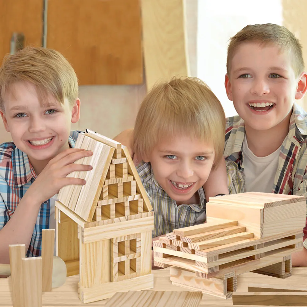Wooden Building Toys - STEM Toys for Boys and Girls - 100 Wood Plank Pieces