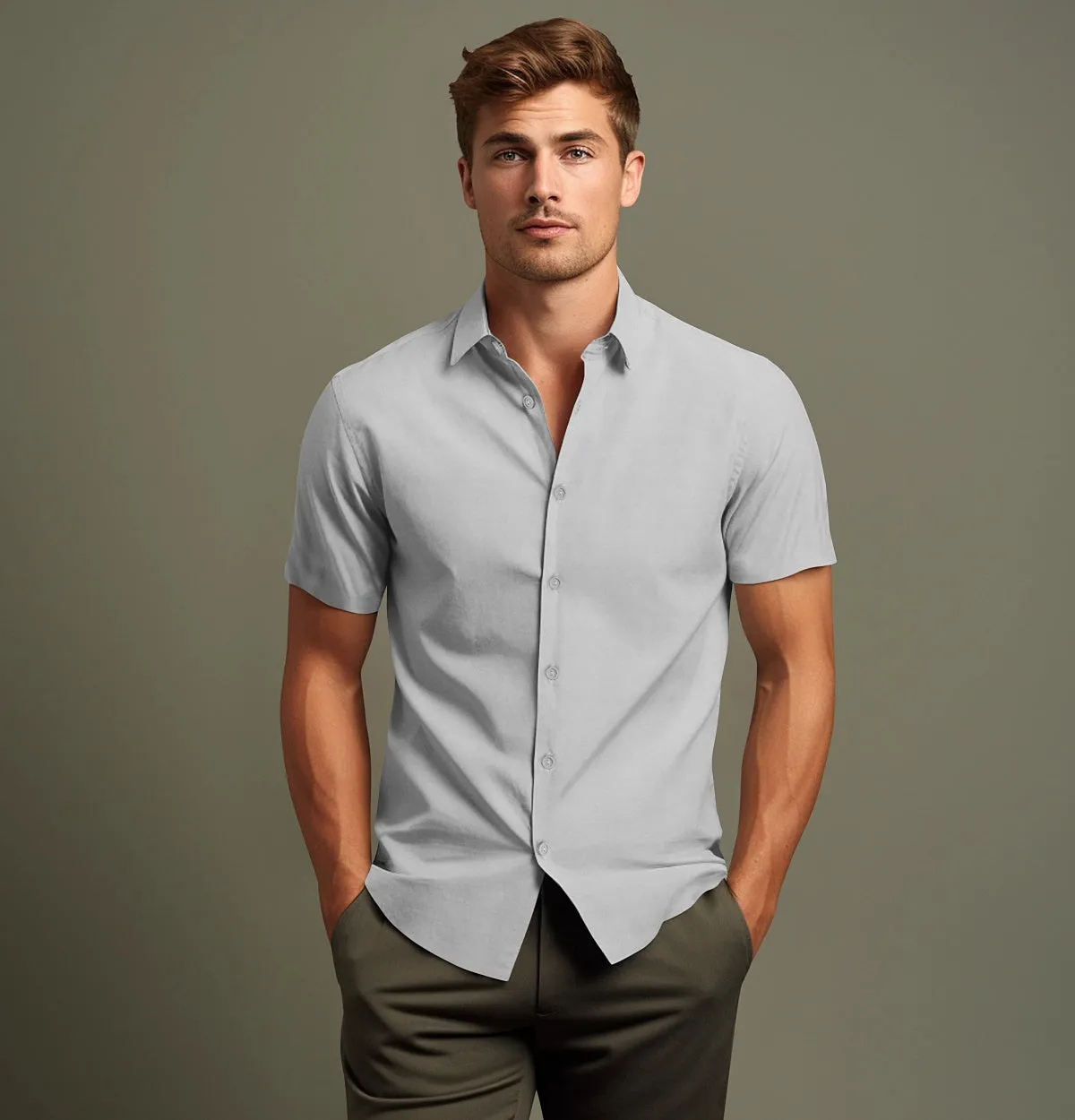 Wrinkle-Resistant - Cotton-Lycra - Short Sleeve - Light Gray